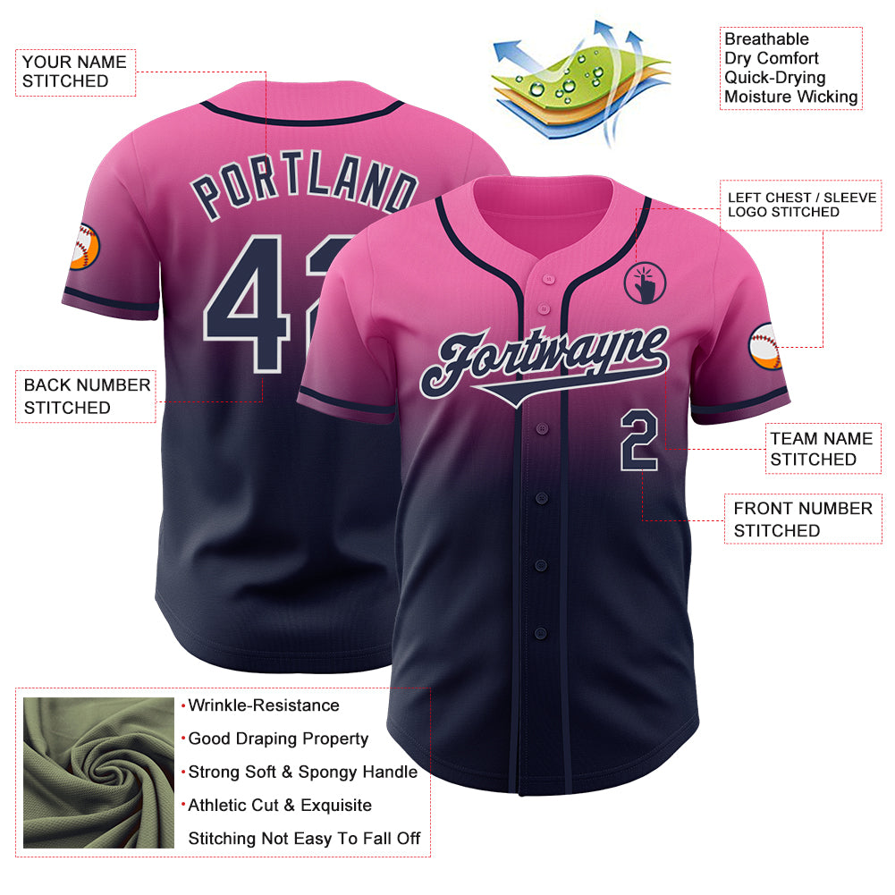 Custom Pink Navy-White Authentic Fade Fashion Baseball Jersey