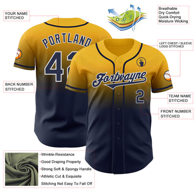 Custom Gold Navy-White Authentic Fade Fashion Baseball Jersey