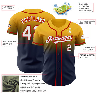 Custom Gold Navy-Red Authentic Fade Fashion Baseball Jersey