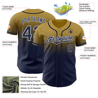 Custom Old Gold Navy-White Authentic Fade Fashion Baseball Jersey