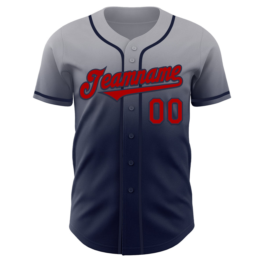 Custom Gray Red-Navy Authentic Fade Fashion Baseball Jersey