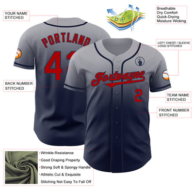 Custom Gray Red-Navy Authentic Fade Fashion Baseball Jersey