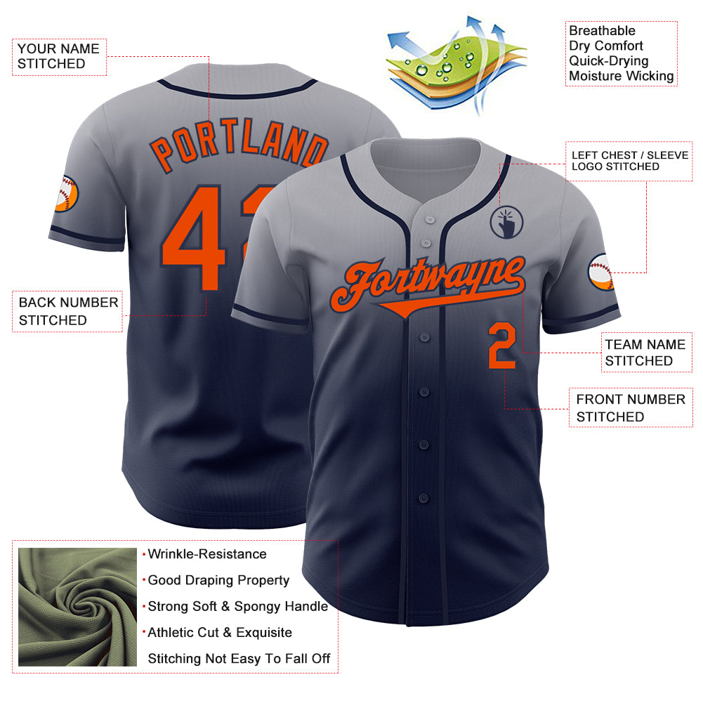 Custom Gray Orange-Navy Authentic Fade Fashion Baseball Jersey