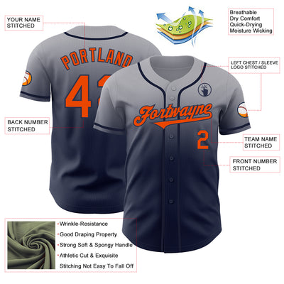 Custom Gray Orange-Navy Authentic Fade Fashion Baseball Jersey