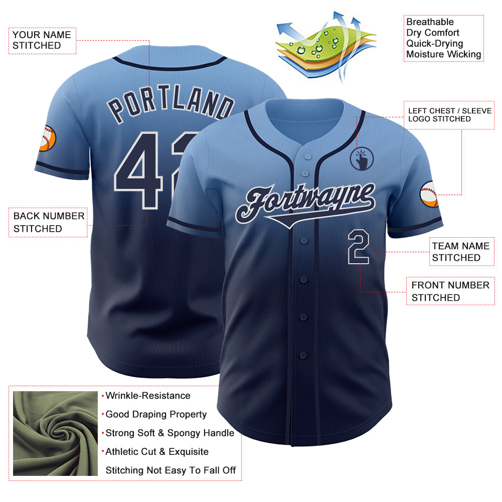 Custom Light Blue Navy-White Authentic Fade Fashion Baseball Jersey
