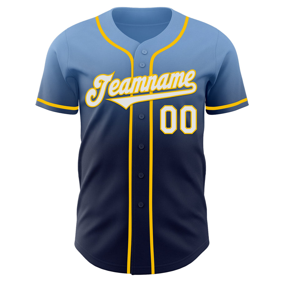 Custom Light Blue Navy-Yellow Authentic Fade Fashion Baseball Jersey