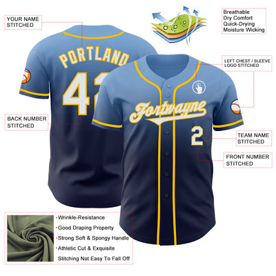 Custom Light Blue Navy-Yellow Authentic Fade Fashion Baseball Jersey