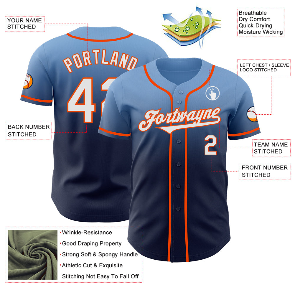 Custom Light Blue Navy-Orange Authentic Fade Fashion Baseball Jersey