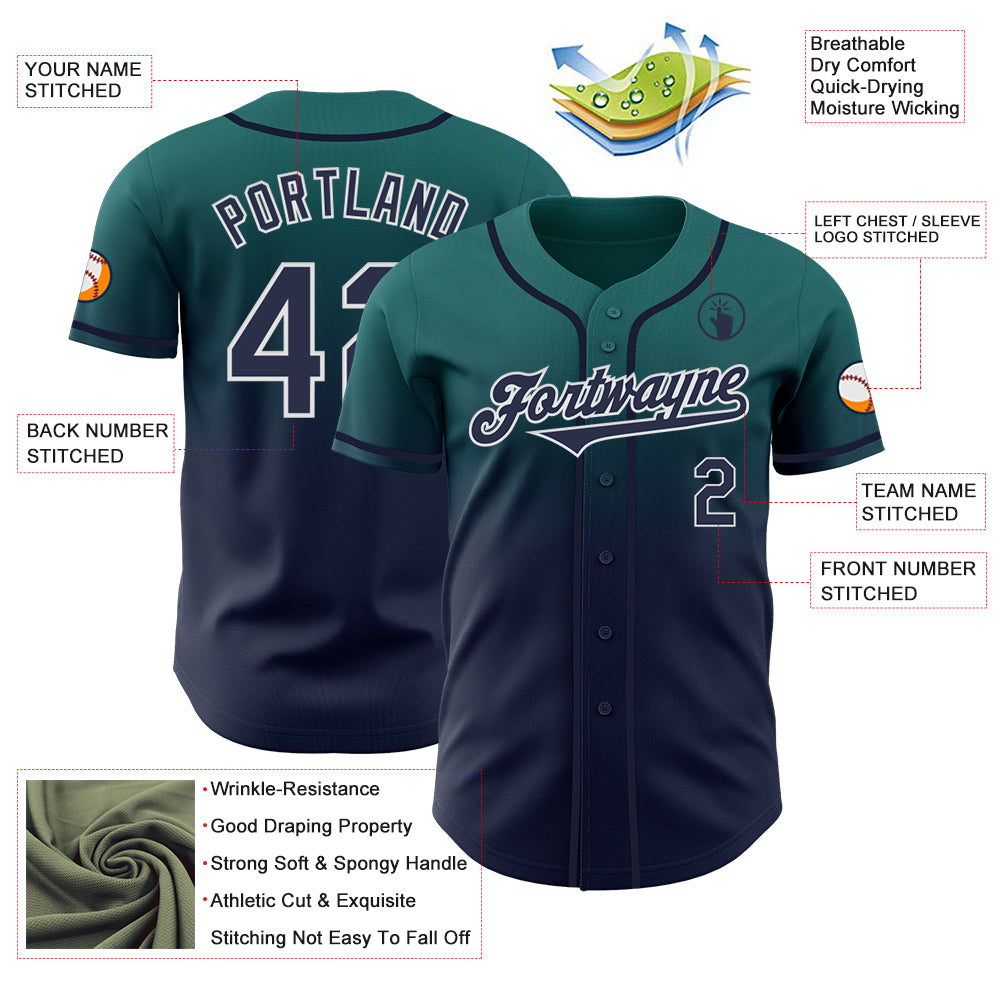 Custom Teal Navy-White Authentic Fade Fashion Baseball Jersey