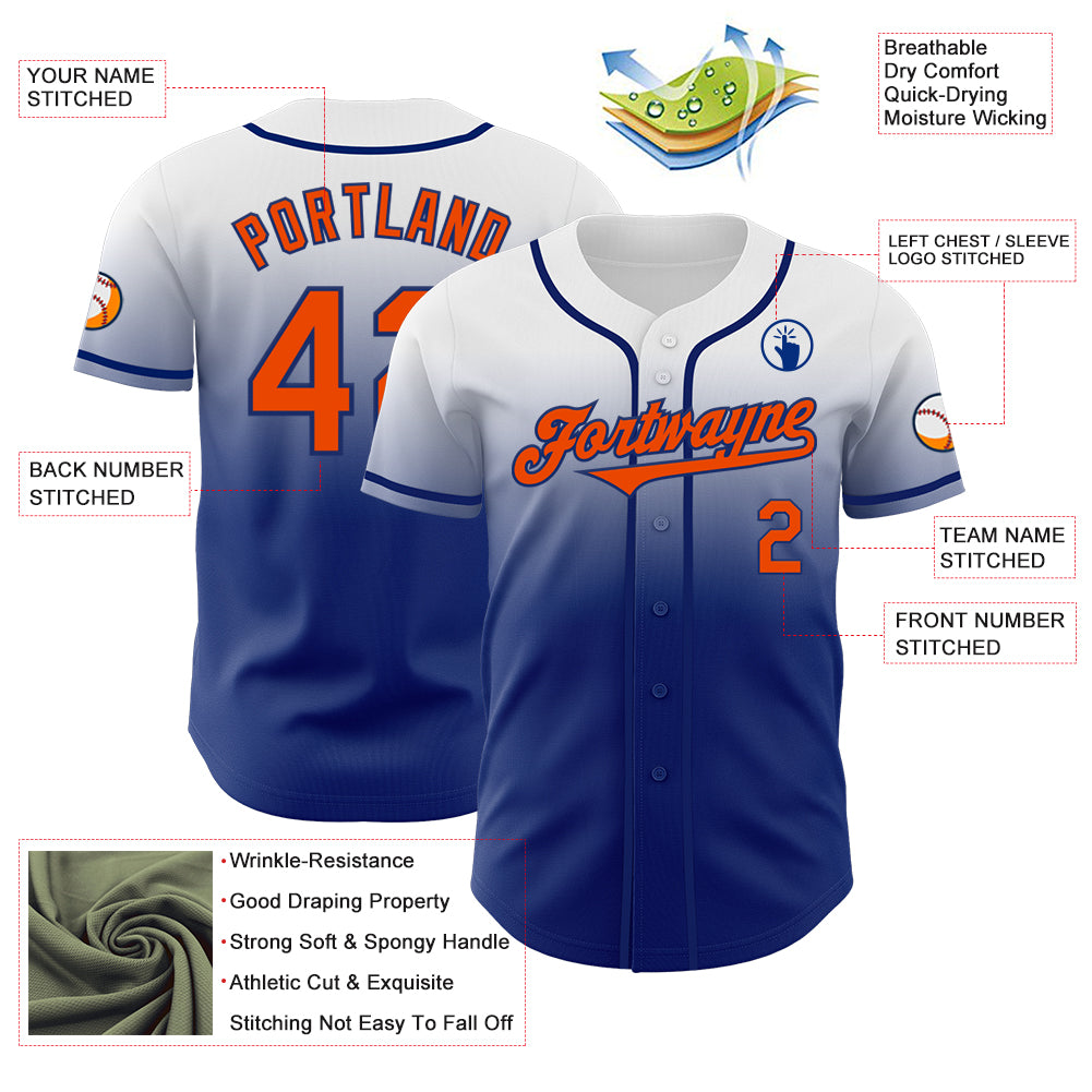 Custom White Orange-Royal Authentic Fade Fashion Baseball Jersey