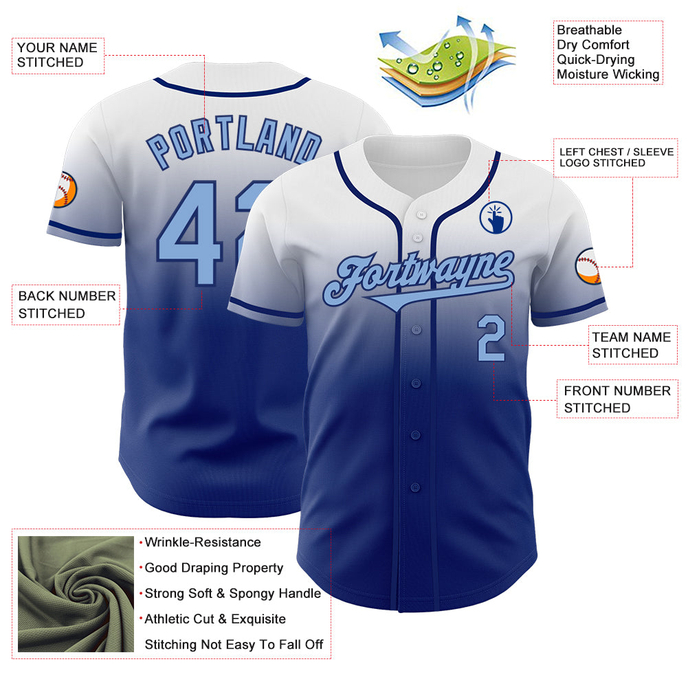 Custom White Light Blue-Royal Authentic Fade Fashion Baseball Jersey