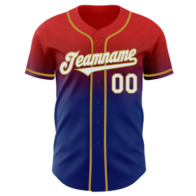 Custom Red White Royal-Old Gold Authentic Fade Fashion Baseball Jersey