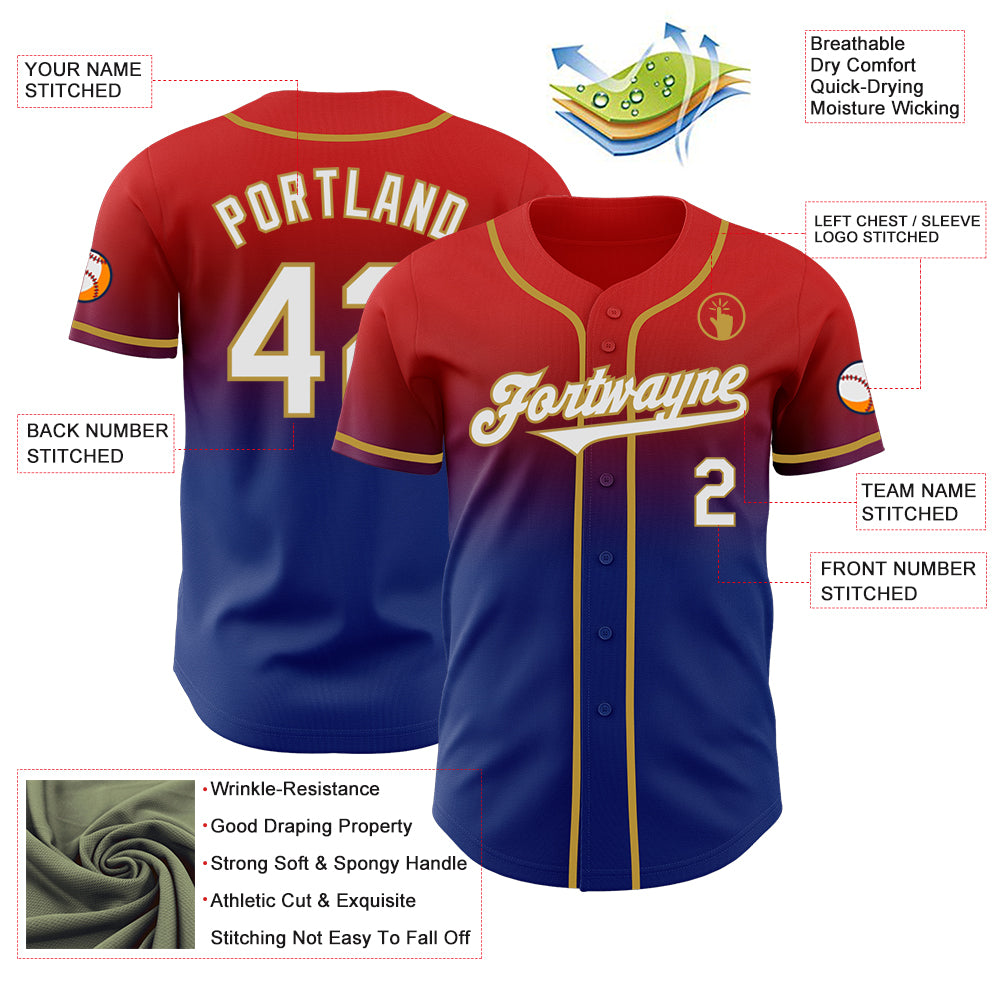 Custom Red White Royal-Old Gold Authentic Fade Fashion Baseball Jersey