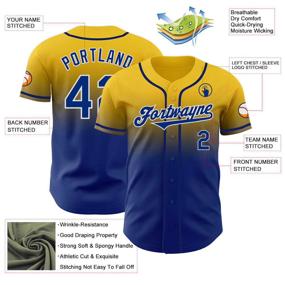 Custom Yellow Royal-White Authentic Fade Fashion Baseball Jersey