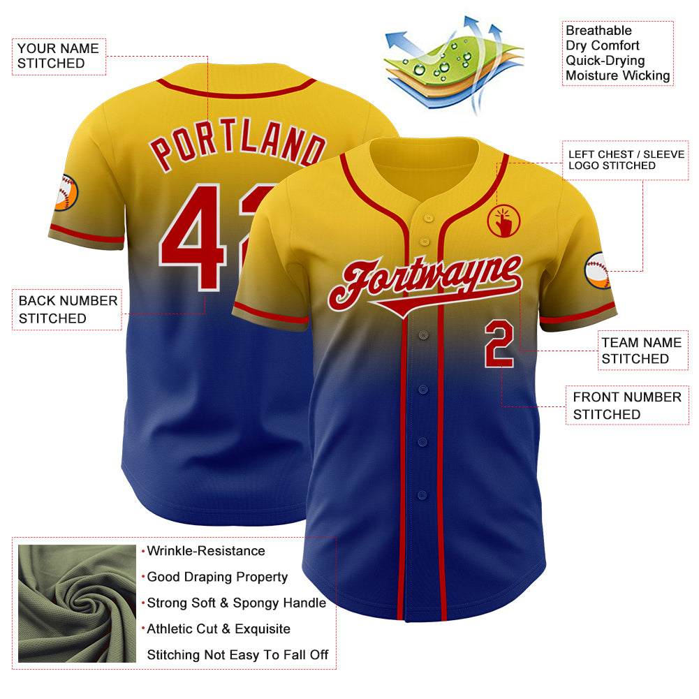 Custom Yellow Red Royal-White Authentic Fade Fashion Baseball Jersey