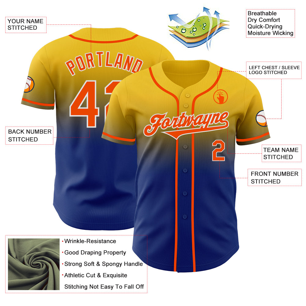 Custom Yellow Orange Royal-White Authentic Fade Fashion Baseball Jersey