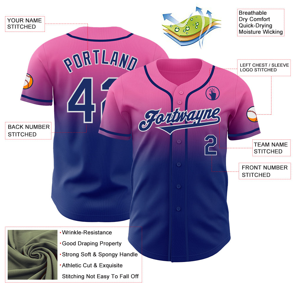 Custom Pink Royal-White Authentic Fade Fashion Baseball Jersey