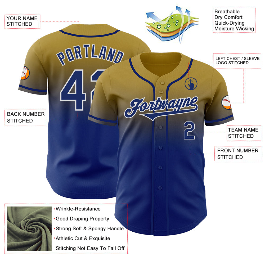 Custom Old Gold Royal-White Authentic Fade Fashion Baseball Jersey