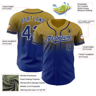 Custom Old Gold Royal-White Authentic Fade Fashion Baseball Jersey
