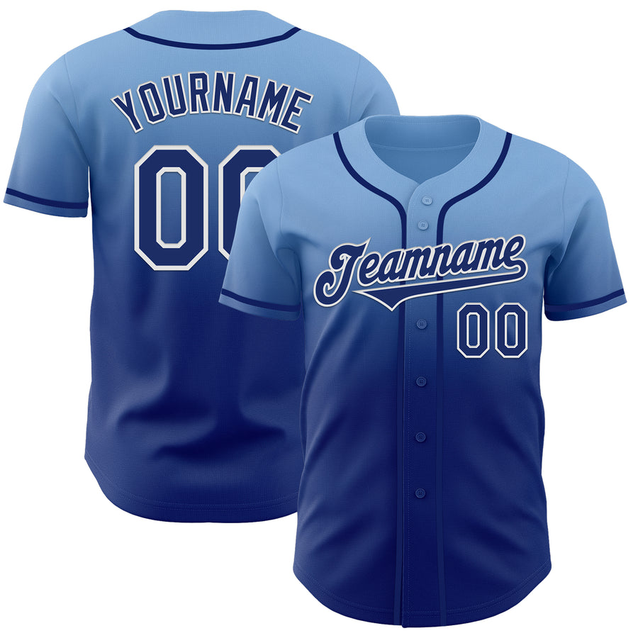 Custom Light Blue Royal-White Authentic Fade Fashion Baseball Jersey