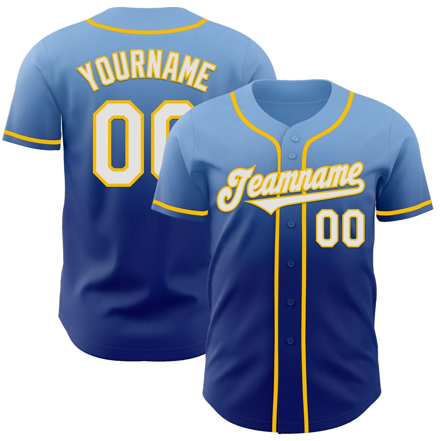 Custom Light Blue White Royal-Yellow Authentic Fade Fashion Baseball Jersey