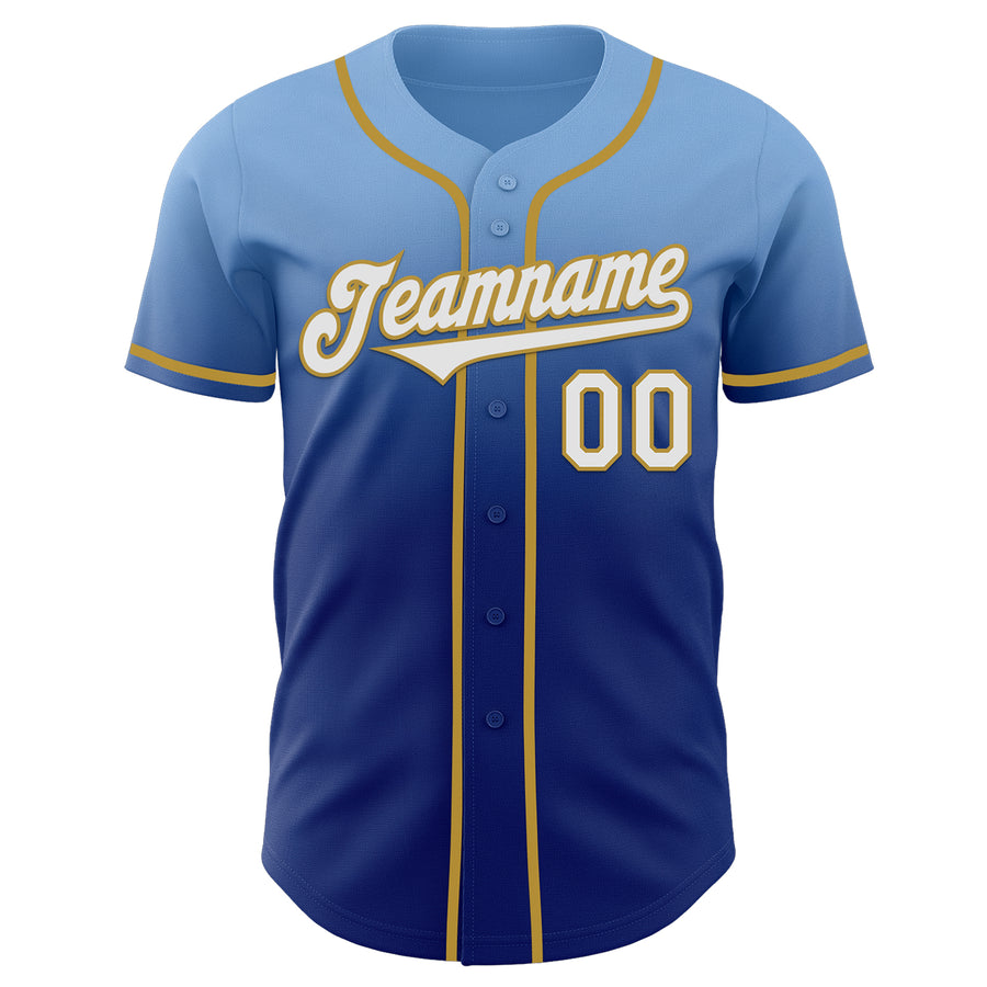 Custom Light Blue White Royal-Old Gold Authentic Fade Fashion Baseball Jersey