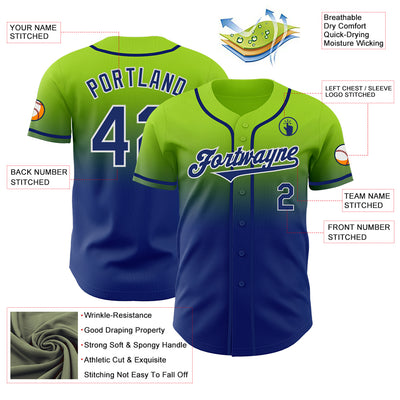 Custom Neon Green Royal-White Authentic Fade Fashion Baseball Jersey