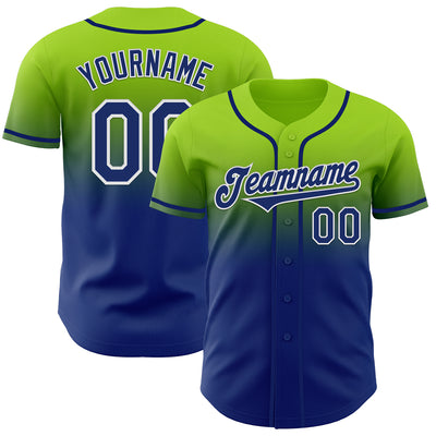 Custom Neon Green Royal-White Authentic Fade Fashion Baseball Jersey