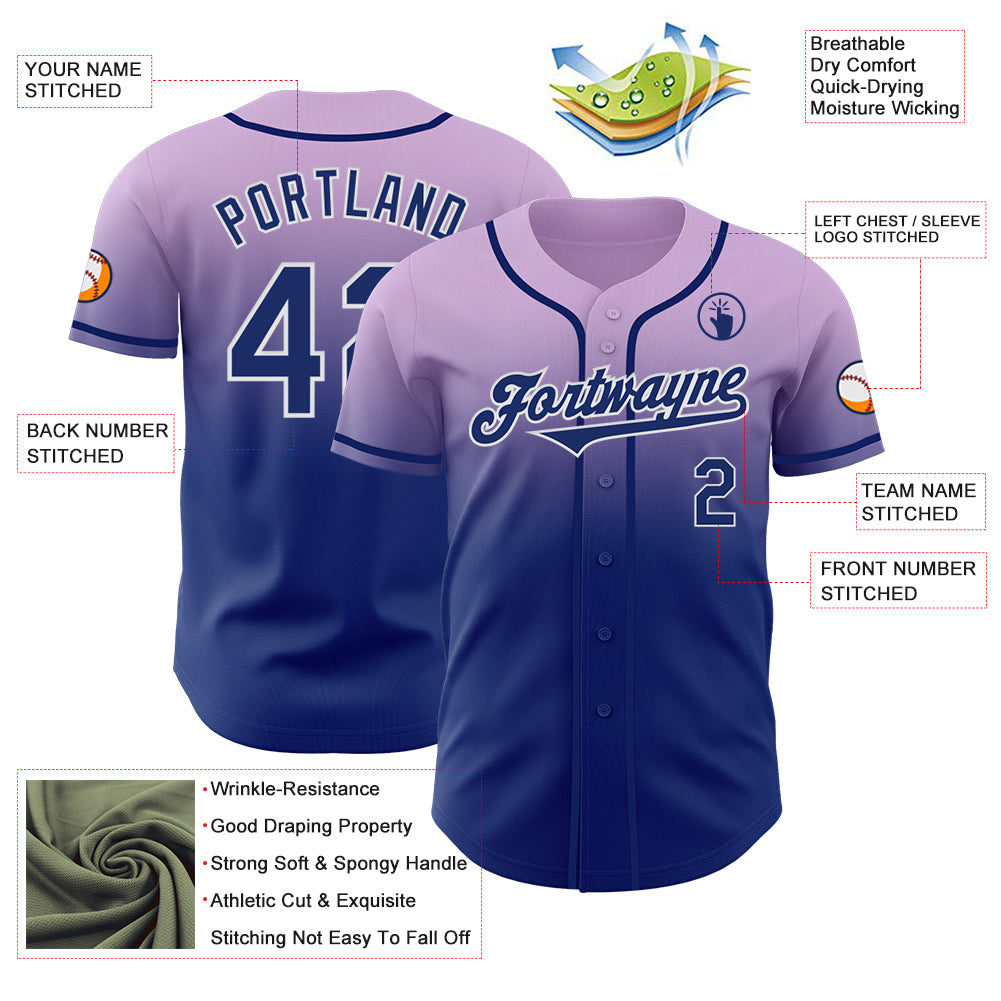 Custom Light Purple Royal-White Authentic Fade Fashion Baseball Jersey