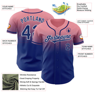 Custom Medium Pink Royal-White Authentic Fade Fashion Baseball Jersey