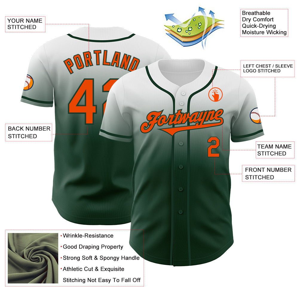 Custom White Orange-Green Authentic Fade Fashion Baseball Jersey