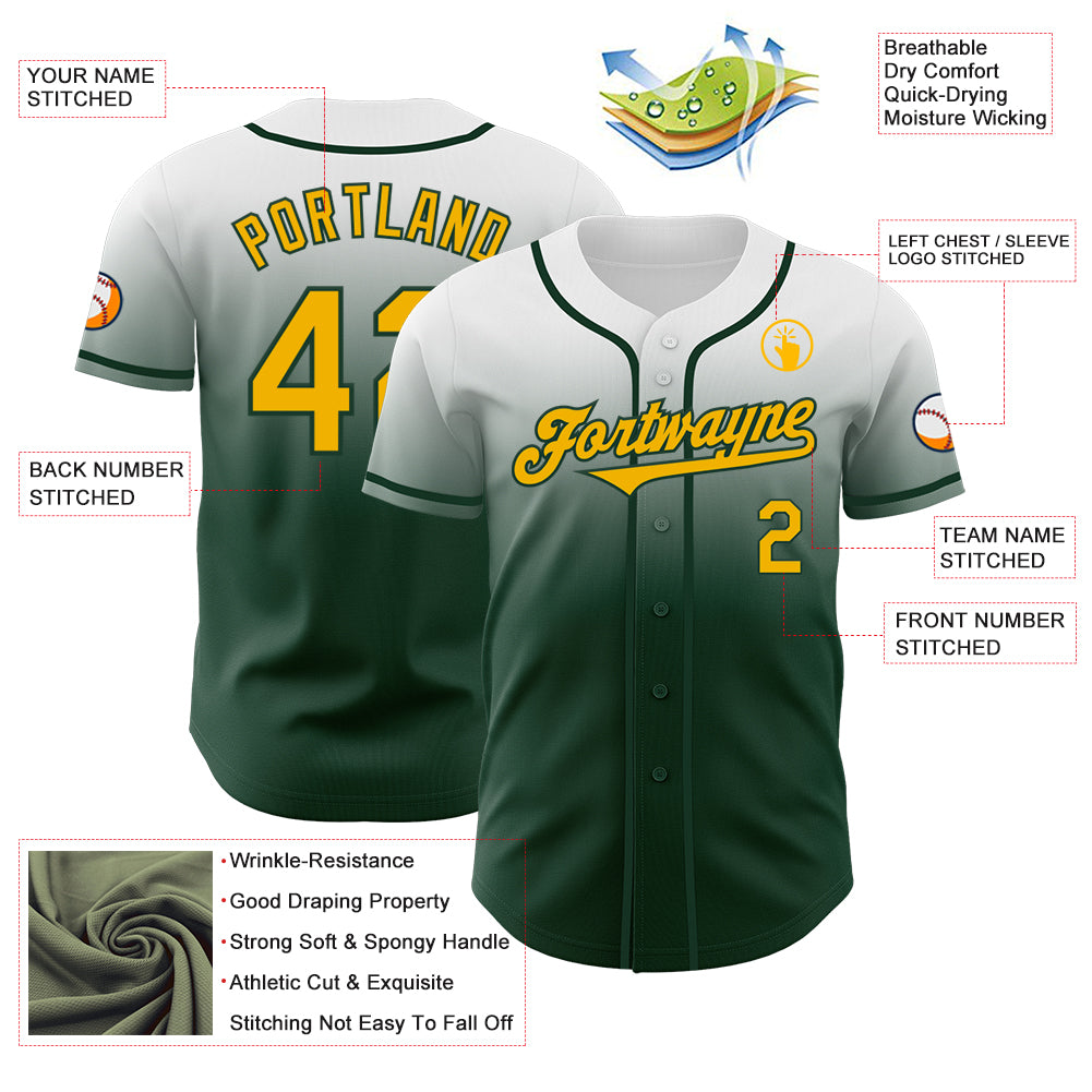 Custom White Gold-Green Authentic Fade Fashion Baseball Jersey