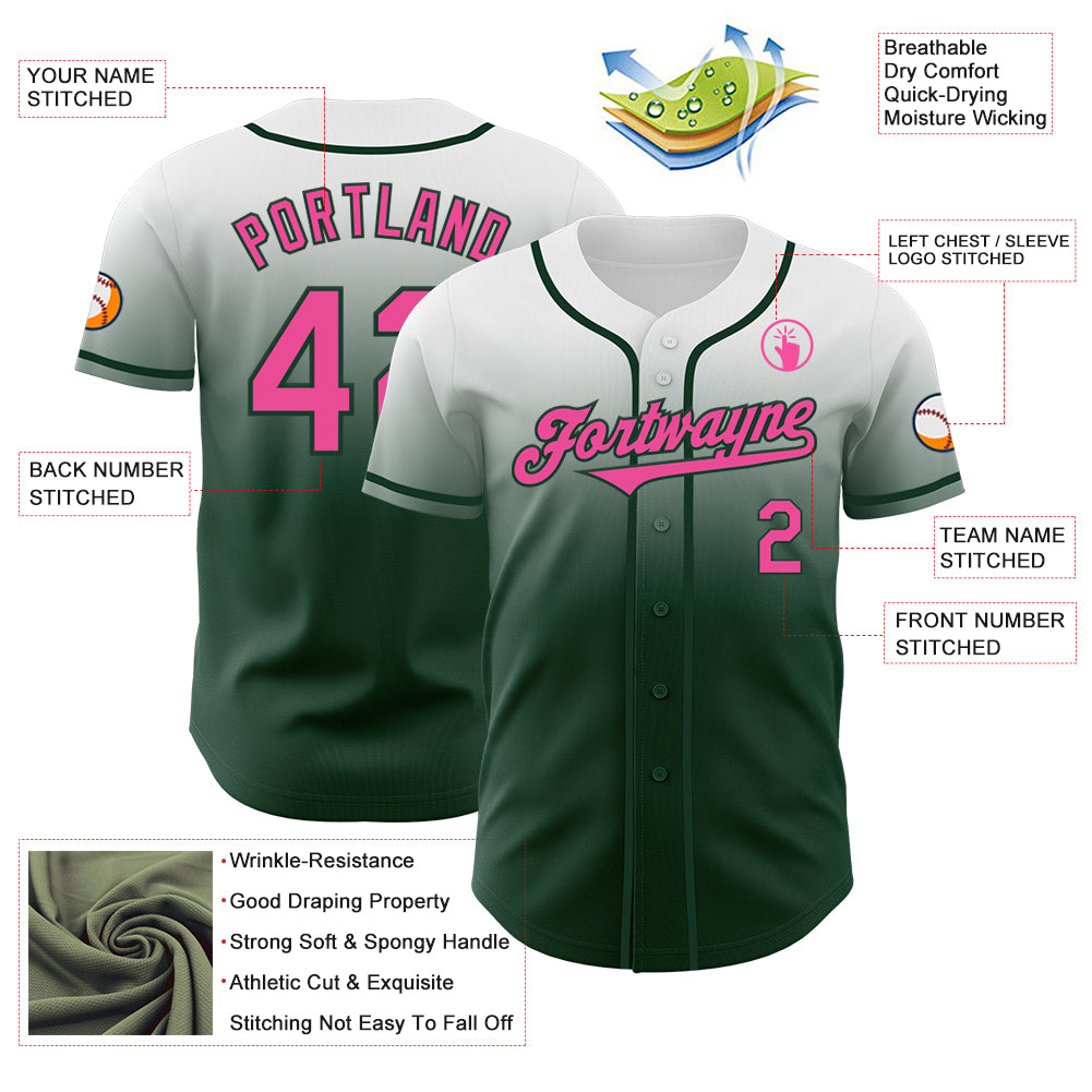 Custom White Pink-Green Authentic Fade Fashion Baseball Jersey