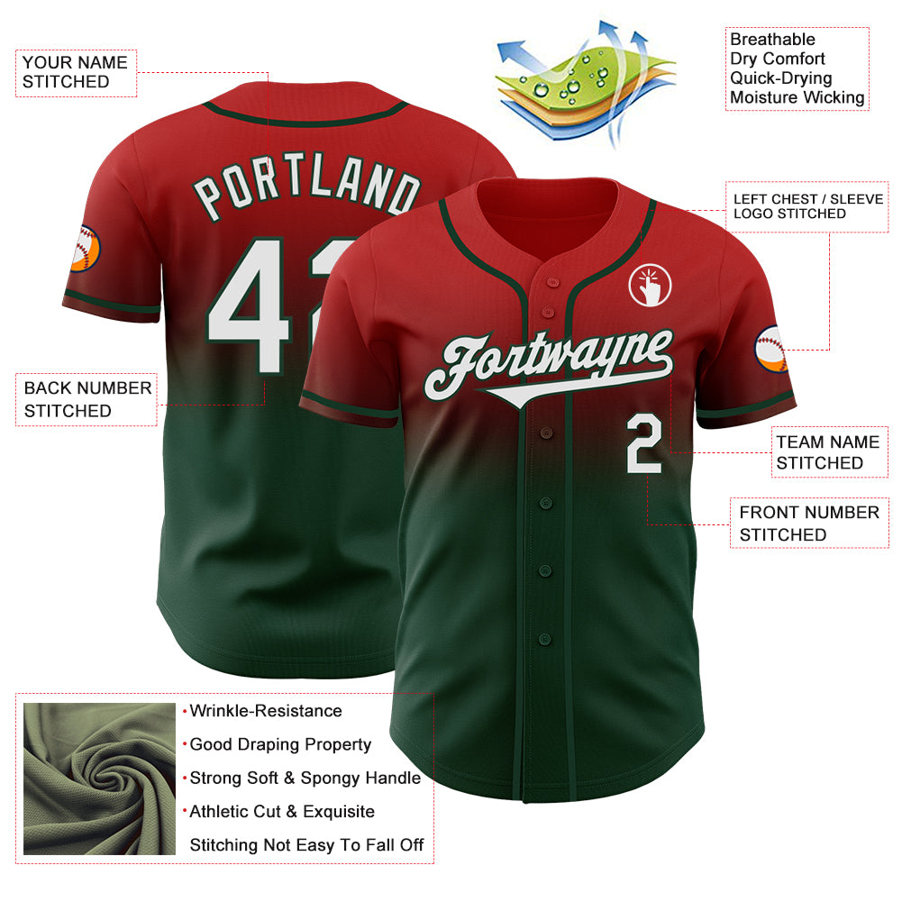 Custom Red White-Green Authentic Fade Fashion Baseball Jersey