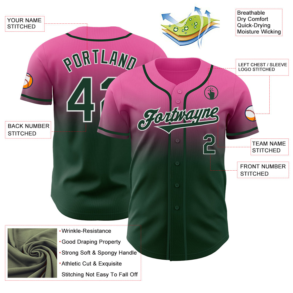 Custom Pink Green-White Authentic Fade Fashion Baseball Jersey