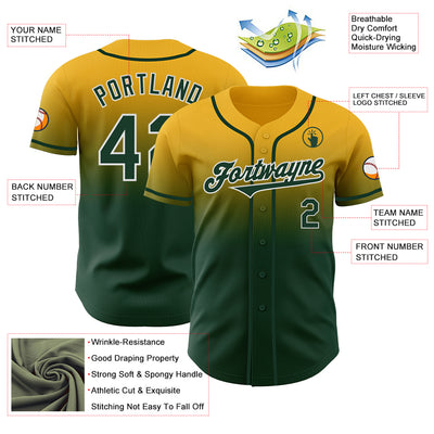 Custom Gold Green-White Authentic Fade Fashion Baseball Jersey