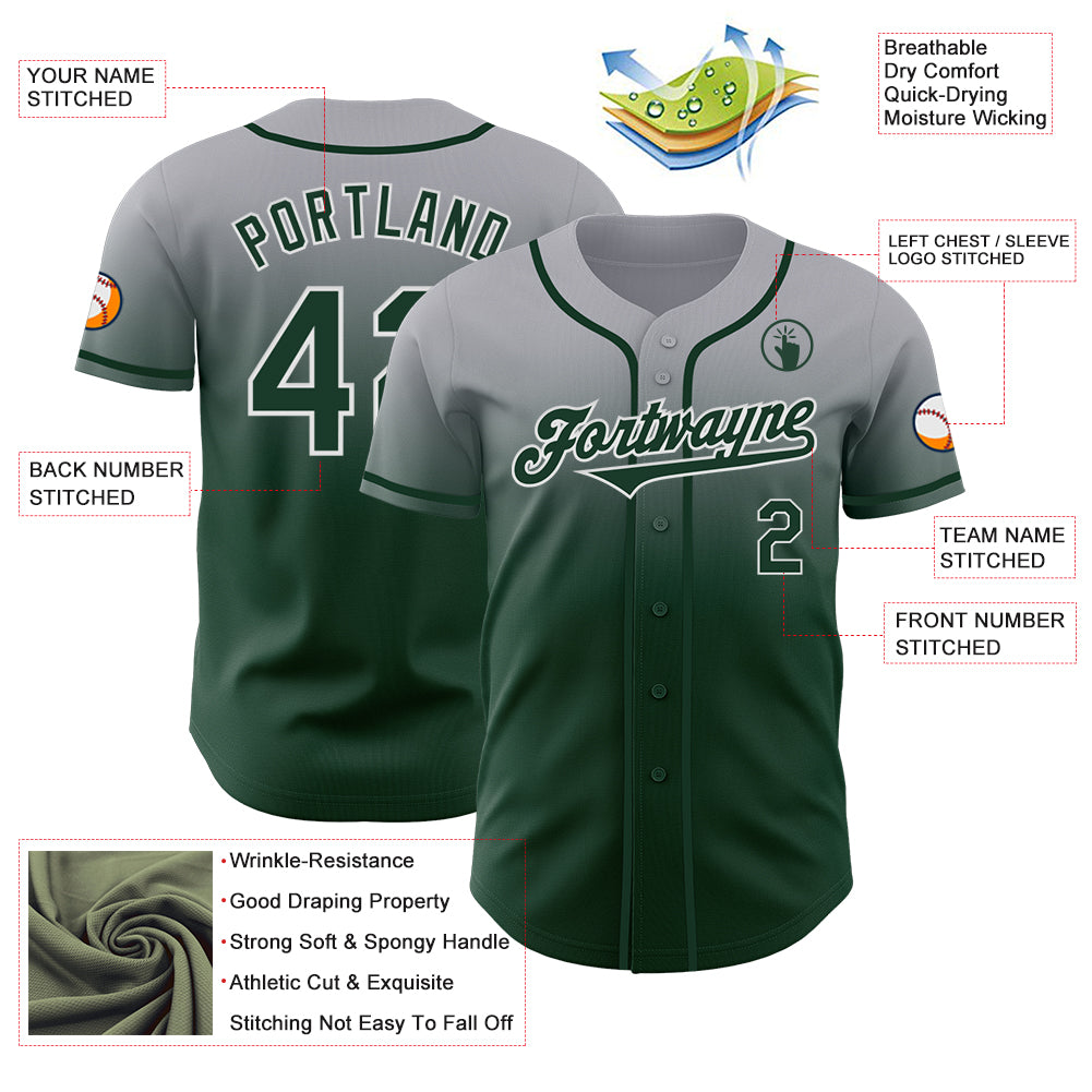 Custom Gray Green-White Authentic Fade Fashion Baseball Jersey