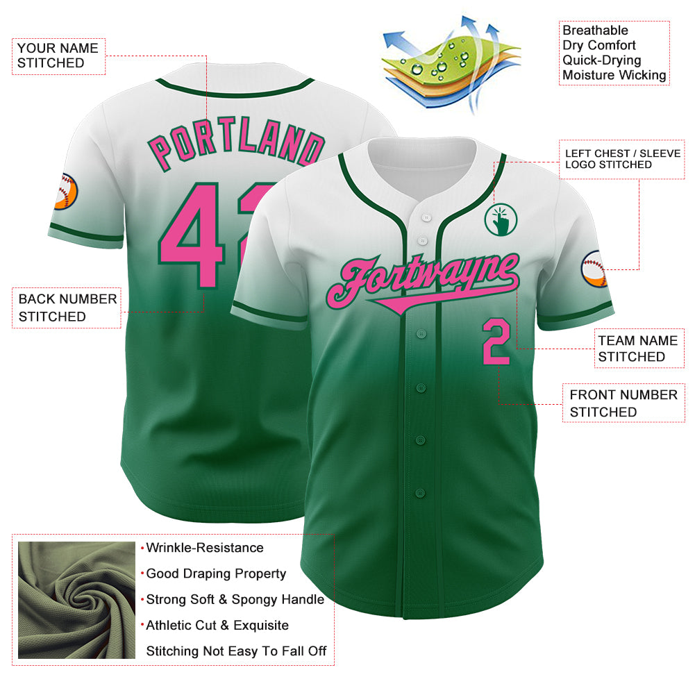 Custom White Pink-Kelly Green Authentic Fade Fashion Baseball Jersey
