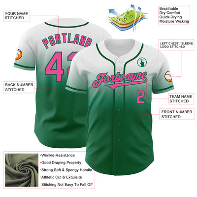 Custom White Pink-Kelly Green Authentic Fade Fashion Baseball Jersey