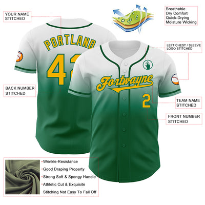 Custom White Gold-Kelly Green Authentic Fade Fashion Baseball Jersey