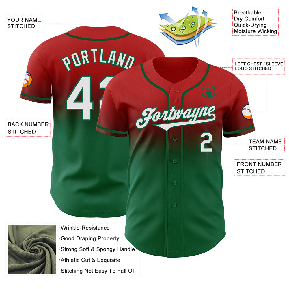 Custom Red White-Kelly Green Authentic Fade Fashion Baseball Jersey