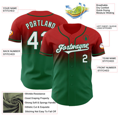 Custom Red White-Kelly Green Authentic Fade Fashion Baseball Jersey