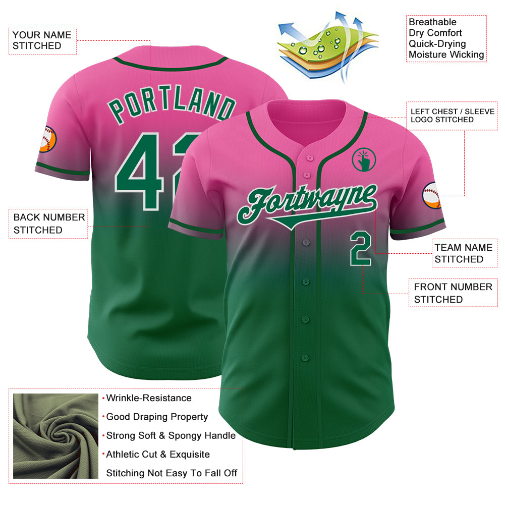 Custom Pink Kelly Green-White Authentic Fade Fashion Baseball Jersey