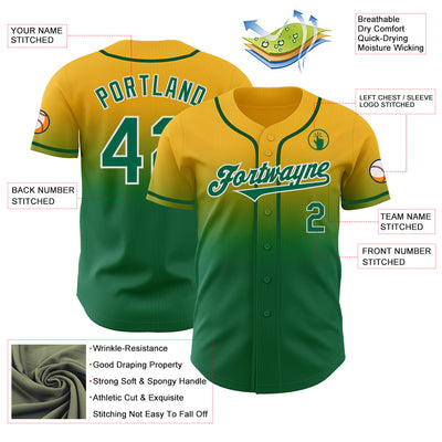 Custom Gold Kelly Green-White Authentic Fade Fashion Baseball Jersey