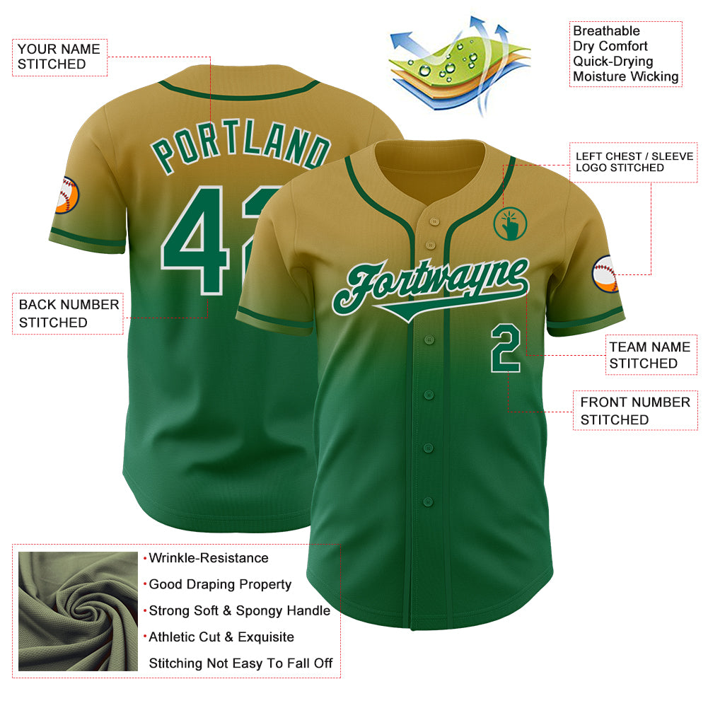 Custom Old Gold Kelly Green-White Authentic Fade Fashion Baseball Jersey
