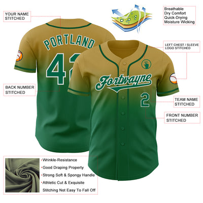 Custom Old Gold Kelly Green-White Authentic Fade Fashion Baseball Jersey