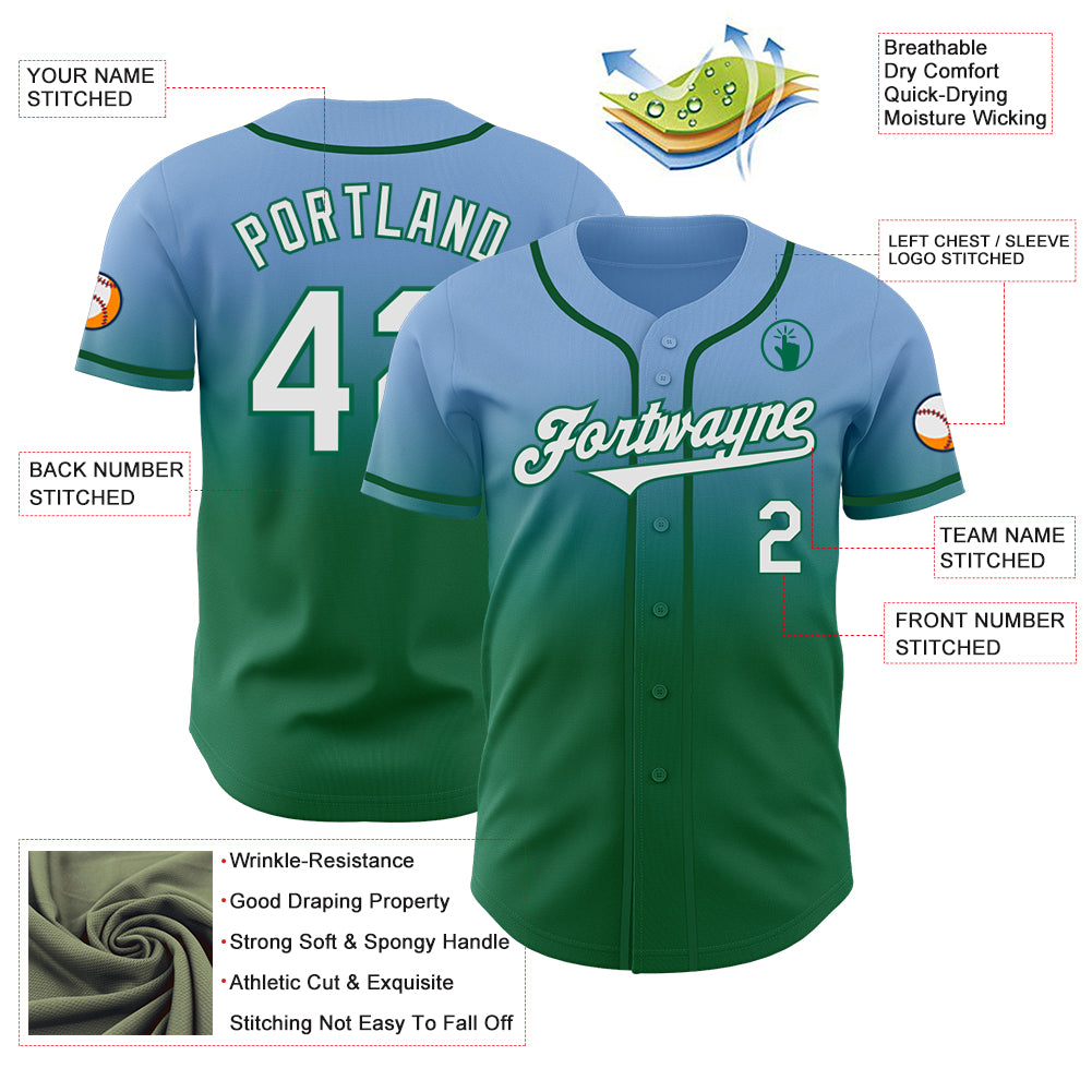 Custom Light Blue White-Kelly Green Authentic Fade Fashion Baseball Jersey