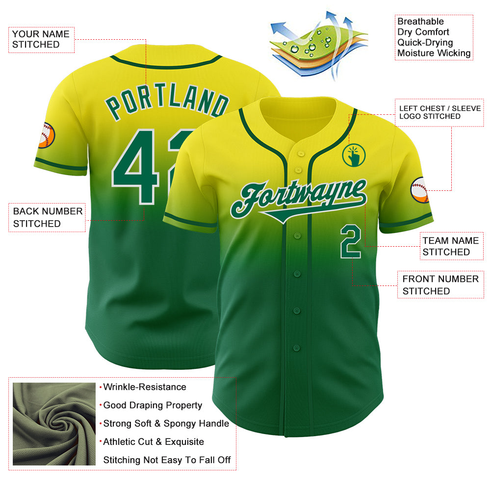 Custom Light Yellow Kelly Green-White Authentic Fade Fashion Baseball Jersey