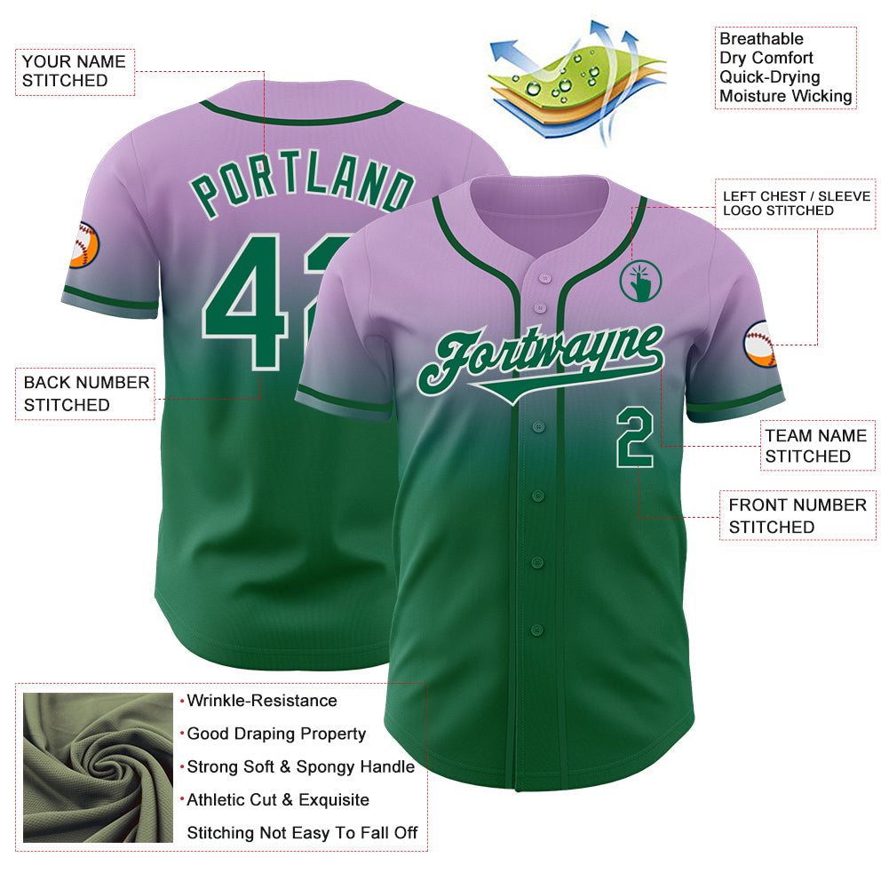 Custom Light Purple Kelly Green-White Authentic Fade Fashion Baseball Jersey