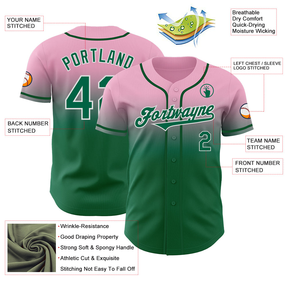 Custom Light Pink Kelly Green-White Authentic Fade Fashion Baseball Jersey